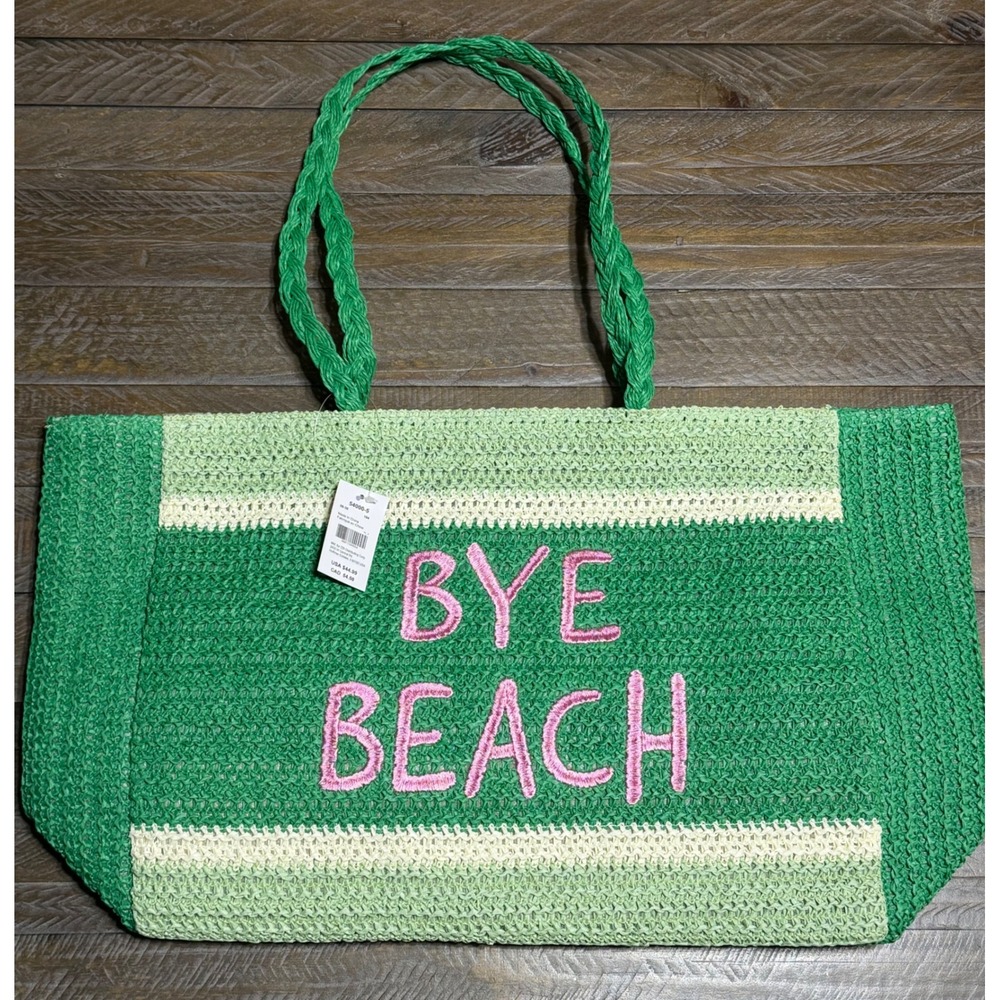 Claire's Bye Beach Woven Straw Tote Bag OS Green NWT Embroidered Striped